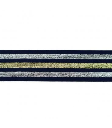 undertøjselastik 40 mm navy med guld og sølv striber bred elastik til undertøj