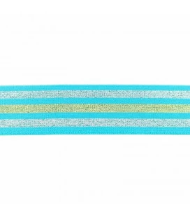 undertøjselastik 40 mm turkis med guld og sølv striber bred elastik til undertøj og boxershorts