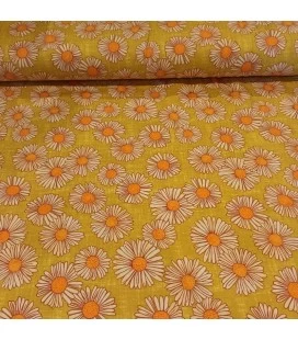 Bomuldsjersey 220 g/m² Økotex – margueritter på gul baggrund – digitalprint

