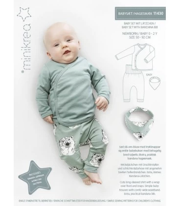 Minikrea 11430 - Baby sæt symønster 0-2 år - Slå-om bluse, bukser og hagesmæk