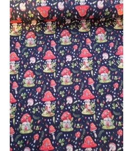 Bomuldsjersey 220 g/m² Økotex – svampe på marine baggrund – digitalprint
