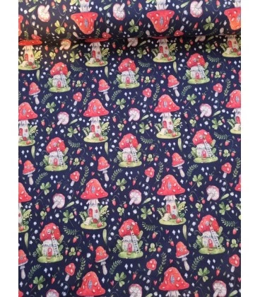 Bomuldsjersey 220 g/m² Økotex – svampe på marine baggrund – digitalprint
