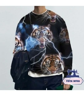 Bomuldsjersey 220 g/m² Økotex – tiger med lyn på sort bund – digitalprint
