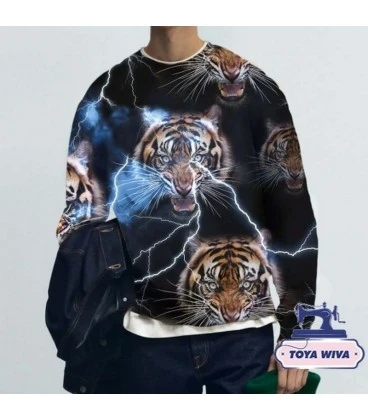 Bomuldsjersey 220 g/m² Økotex – tiger med lyn på sort bund – digitalprint
