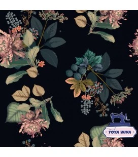 Bomuldsjersey 220 g/m² Økotex – blomster på mørk baggrund – digitalprint
