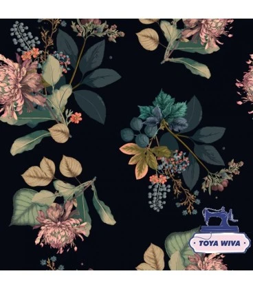Bomuldsjersey 220 g/m² Økotex – blomster på mørk baggrund – digitalprint
