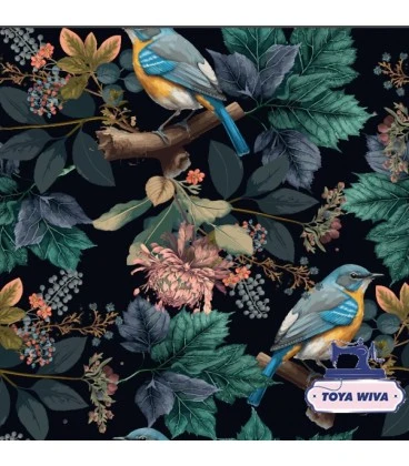 Bomuldsjersey 220 g/m² Økotex – fugle og blomster på mørk baggrund – digitalprint
