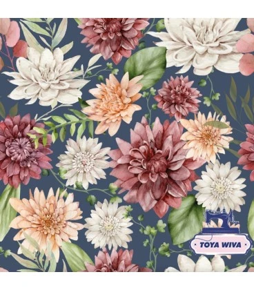 Bomuldsjersey 220 g/m² Økotex – store blomster på blå baggrund – digitalprint
