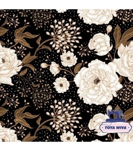 Bomuldsjersey 220 g/m² Økotex – lyse blomster på mørk baggrund – digitalprint
