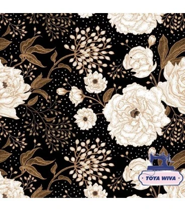 Bomuldsjersey 220 g/m² Økotex – lyse blomster på mørk baggrund – digitalprint
