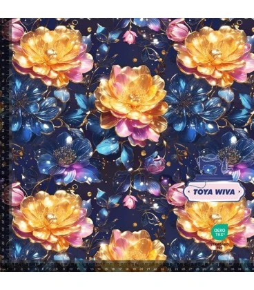 Bomuldsjersey 220 g/m² Økotex – store blomster på mørkeblå baggrund – digitalprint
