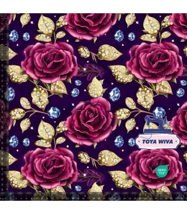 Bomuldsjersey 220 g/m² Økotex – lilla roser på mørk baggrund – digitalprint
