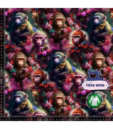 Bomuldsjersey 220 g/m² Økotex - Aber & Blomster – Eventyrligt Jungleprint
