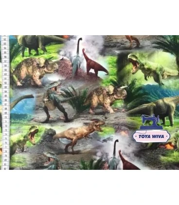 Bomuldsjersey 220 g/m² Økotex - dinosaurer i grønne farve