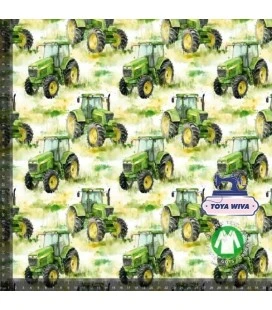 Bomuldsjersey 220 g/m² Økotex – grøn traktor – digitalprint

