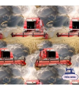 Bomuldsjersey 220 g/m² Økotex – rød mejetærsker – digitalprint
