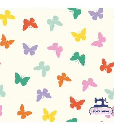  Bomuldsjersey  220 g/m² Økotex - 
farverige sommerfugle på lys baggrund
