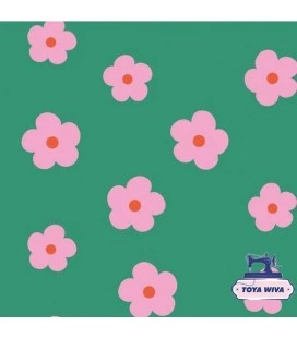 Bomuldsjersey 220 g/m² Økotex – lyserøde blomster på grøn bund – digitalprint
