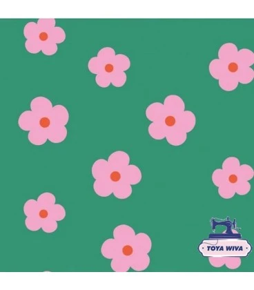 Bomuldsjersey 220 g/m² Økotex – lyserøde blomster på grøn bund – digitalprint
