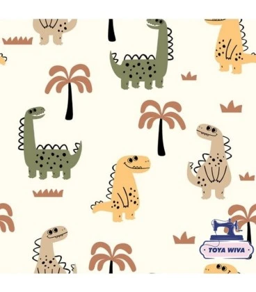 Bomuldsjersey 220 g/m² Økotex - Søde dinosaurer og palmer