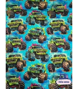 Bomuldsjersey 220 g/m² Økotex – monstertrucks – digitalprint
