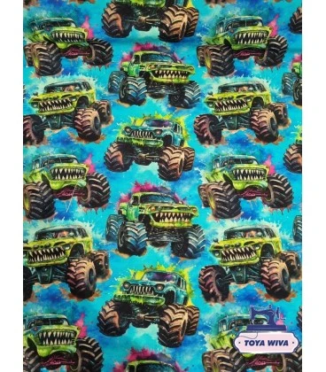 Bomuldsjersey 220 g/m² Økotex – monstertrucks – digitalprint
