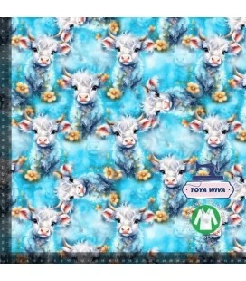 Bomuldsjersey med friske køer på blå baggrund
