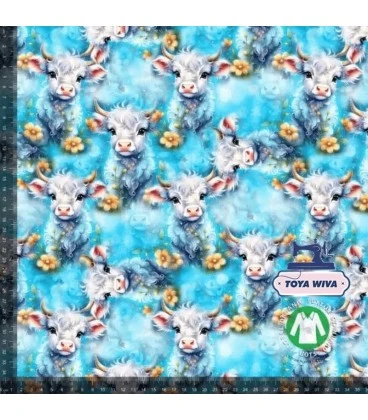 Bomuldsjersey 220 g/m² Økotex - med friske køer på blå baggrund
