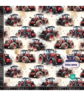 Bomuldsjersey 220 g/m² Økotex – røde traktorer – digitalprint
