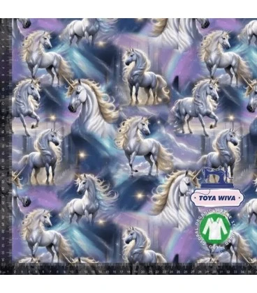 Bomuldsjersey 220 g/m² Økotex med heste i blå nuancer
