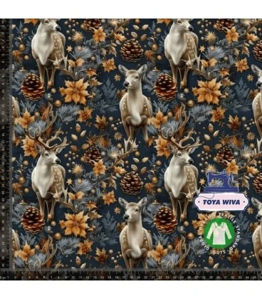 Bomuldsjersey 220 g/m² Økotex - med hjorte og skovmotiv på mørk blå baggrund

