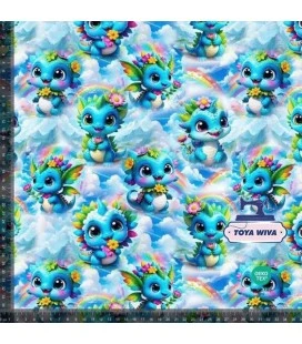 Bomuldsjersey med søde drager på blå baggrund
