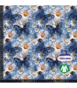 Bomuldsjersey 220 g/m² Økotex – blå sommerfugle og blomster – digitalprint
