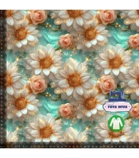 Bomuldsjersey 220 g/m² Økotex – romantiske blomster i turkis – digitalprint
