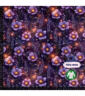 Bomuldsjersey 220 g/m² Økotex – lilla blomster på mørk bund – digitalprint
