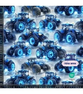Bomuldsjersey 220 g/m² Økotex 100 – blå traktorer – digitalprint
