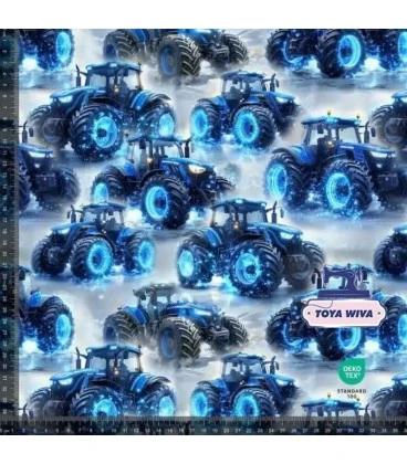 Bomuldsjersey 220 g/m² Økotex 100 – blå traktorer – digitalprint
