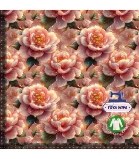 Bomuldsjersey 220 g/m² Økotex – rosa blomster på lyserød bund – digitalprint
