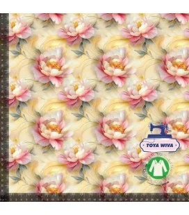 Bomuldsjersey 220 g/m² Økotex – delikate rosa blomster på lys bund – digitalprint
