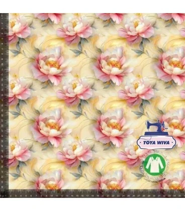 Bomuldsjersey 220 g/m² Økotex – delikate rosa blomster på lys bund – digitalprint
