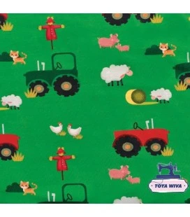 Bomuldsjersey 220 g/m² med traktorer og bondegårdsdyr – grøn
