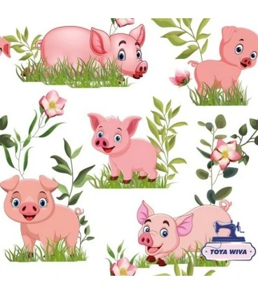 bomuldsjersey med grise på hvid baggrund