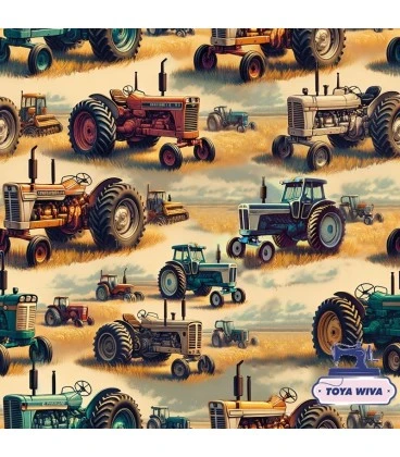 Bomuldsjersey med traktorer - børneprint i blå & rust