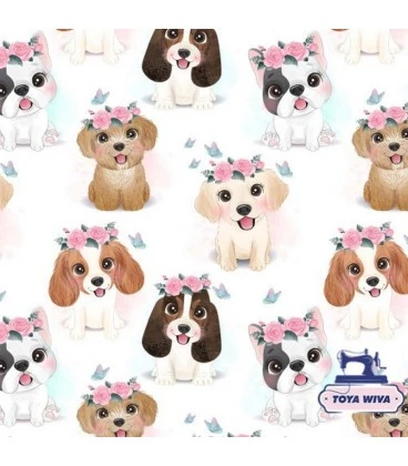 Bomuldsjersey 220 g/m² Økotex - søde hunde på lys baggrund
