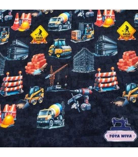 French Terry stof - børstet bagside - Bygge/entreprenørmotiv 150 cm bred