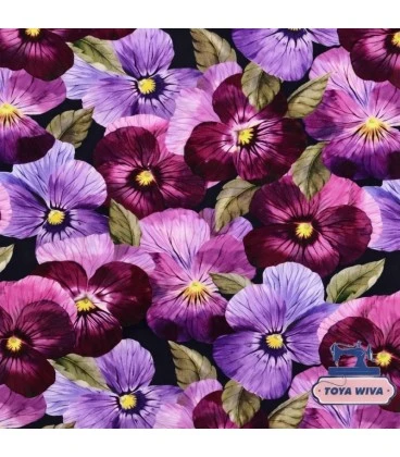 blomstret bomuldsjersey med violer i lilla og bordeaux på sort bund