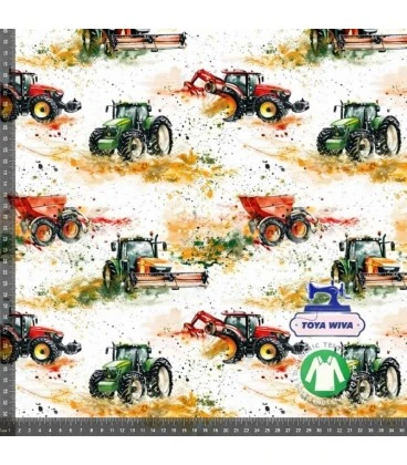 Bomuldsjersey - Traktorer & landbrugsmaskiner på lys baggrund (Økotex) 