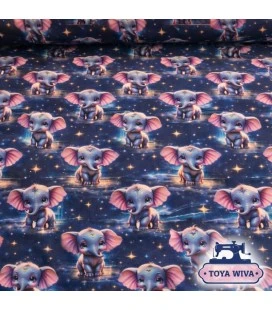 Digitalprintet bomuldsjersey med søde elefanter på stjernehimmel