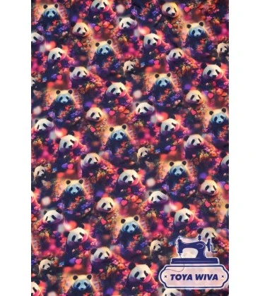 Digitalprintet bomuldsjersey med pandaer, blomster og hjerter