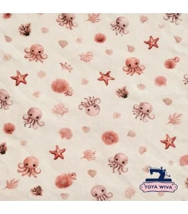 Digitalprintet bomuldsjersey med blæksprutter og søstjerner